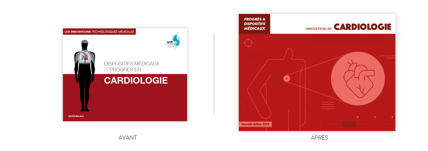 refonte graphique brochures - avant/après -création de maquette d'édition - illustration de couverture - dispositifs médicaux