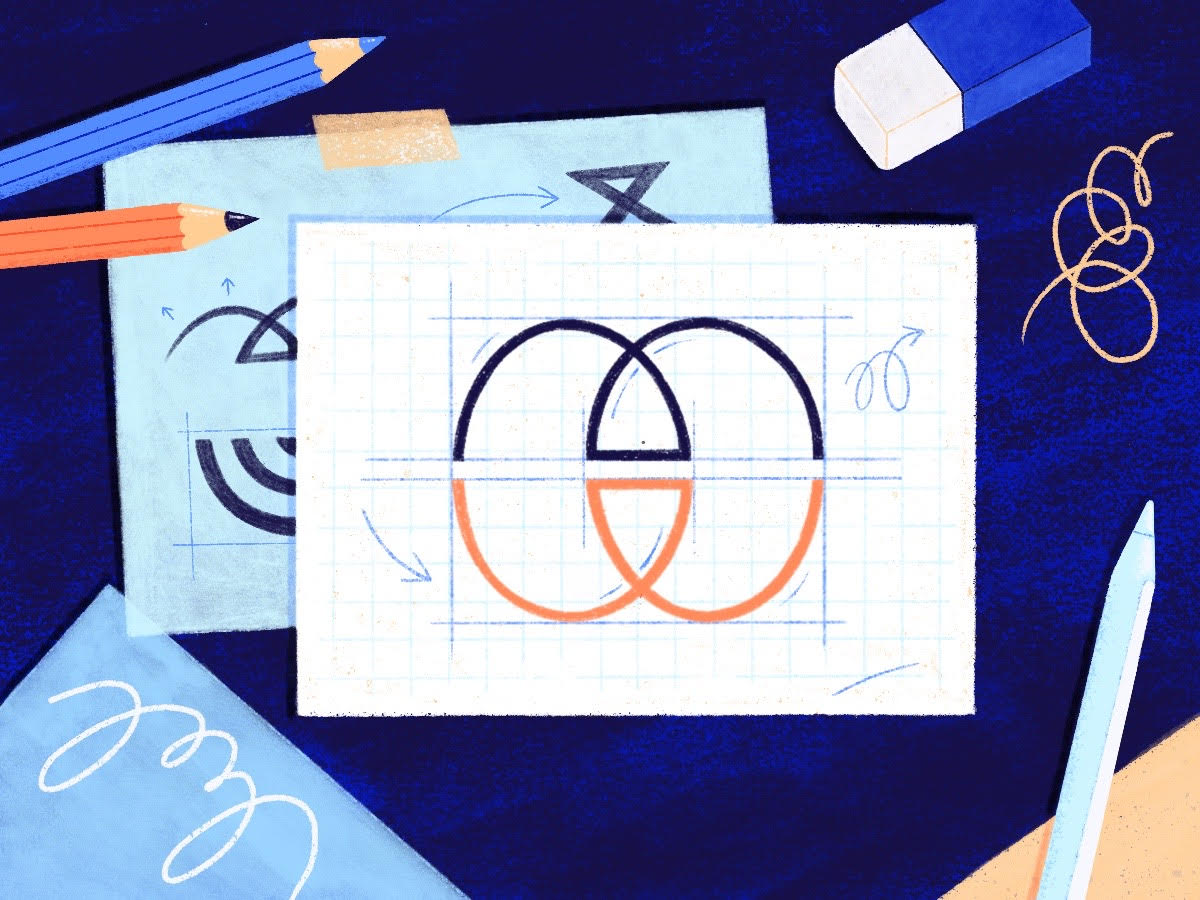 Design graphique cevennes - Illustration réalisée par Cleo Studio: elle illustre le processus de création d'un logo. Cette étape passe par la réalisation de croquis et d'esquisses. On y voit des crayons, une gomme, un stylet d'ipad et plusieurs feuilles de dessins avec des esquisses.